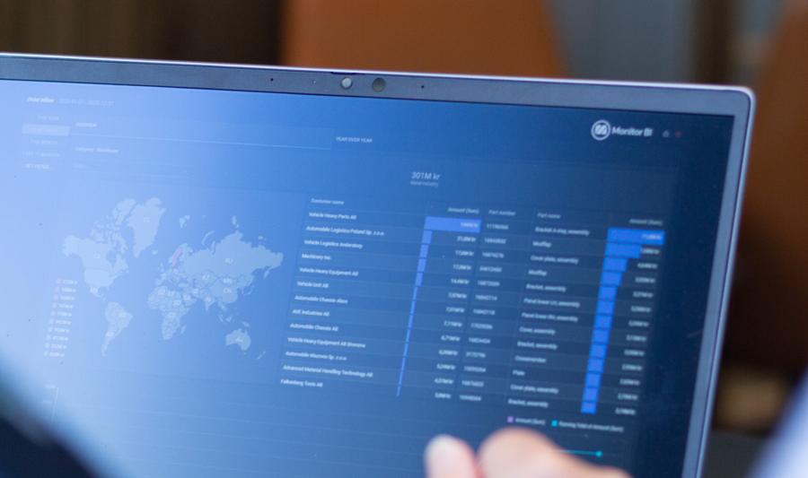 A person sitting in front of a laptop computer with Monitor BI (business intelligence) dashboards. 