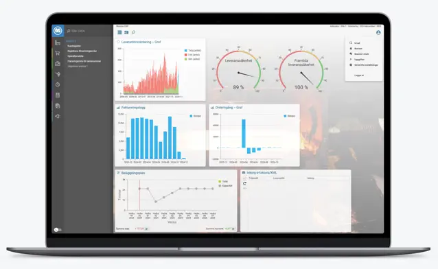 A laptop with Monitor ERP on the screen showing a dashboard.