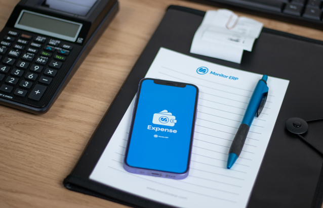 Telefon komórkowy leżący na notatniku firmy Monitor ERP System