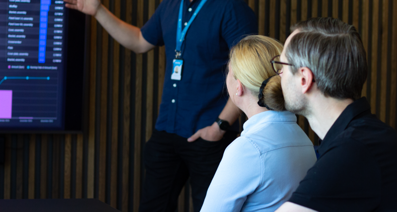 A group of people sitting around a table wathing a presentation about Monitor BI (business intelligence)