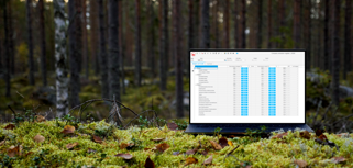 A laptop computer displaying Monitor ERP and its sustainability functionality sitting on top of a moss covered ground surrounded by trees.