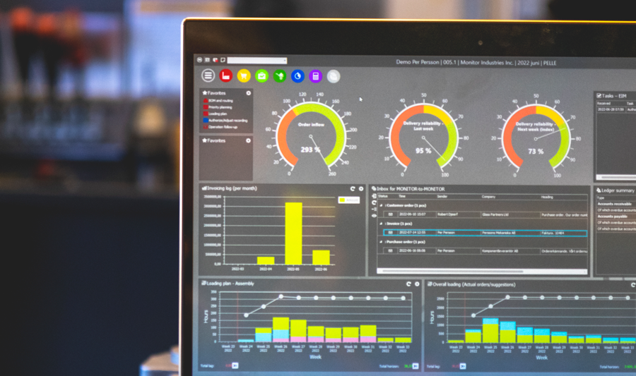 Monitor ERP dashboard displayed on a laptop in a factory environment