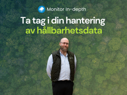 David Mariasdotter, hållbarhetskonsult på Monitor ERP, framför en grön illustration med texten "Ta tag i din hantering av hållbarhetsdata". 