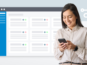 A woman looking at her phone in front of an illustration of a CRM dashboard.