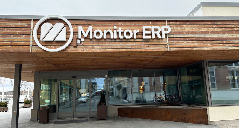 A sign of Monitor ERP on the side of the Monitor ERP headcourter in Sweden, Hudiksvall
